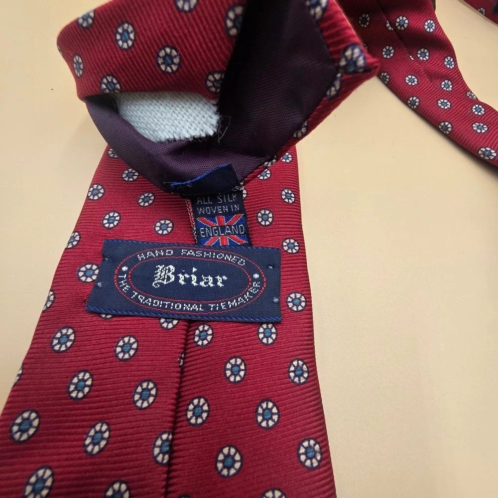 Briar Mens Silk Tie Burgundy Geometric Medallion Woven in England Red Blue White
